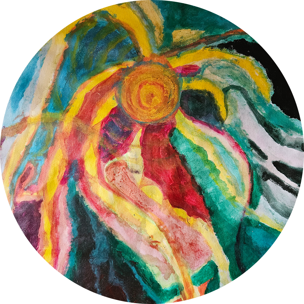 Sirkulært abstrakt maleri med virvlende penselstrøk i gult, turkis, rødt og oransje med en sol-spiral i midten på hvit bakgrunn