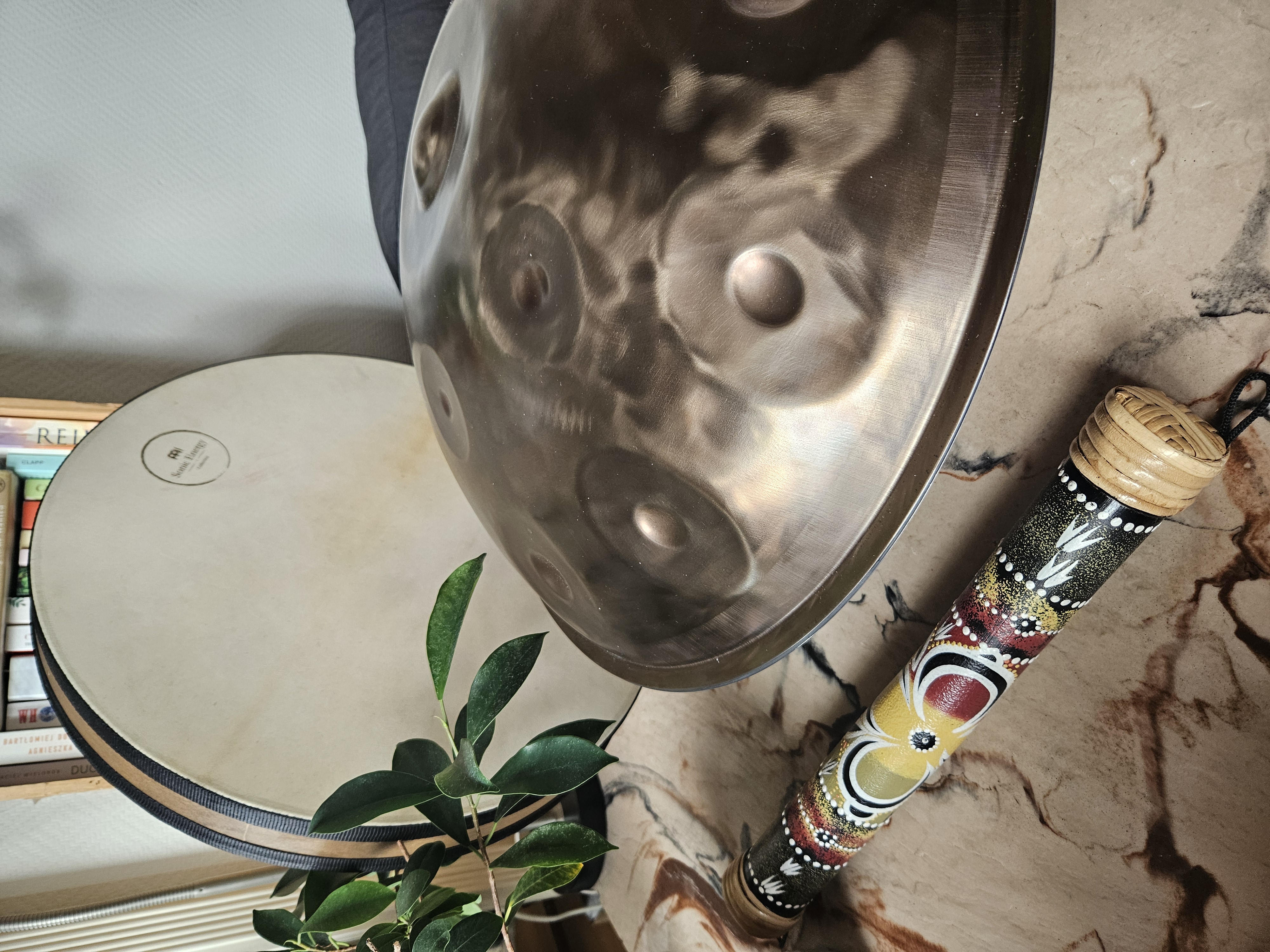 Handpan, rammetromme og dekorert regnpinne arrangert sammen med grønn plante